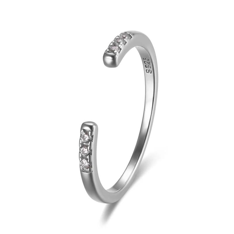 925 Silver Zircon Opening Ring Women Fine Jewelry Oxidized Silver