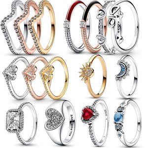 925 Silver Wishbone Heart Sun Moon Zircon Rings Women Wedding Jewelry