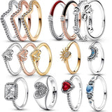 925 Silver Wishbone Heart Sun Moon Zircon Rings Women Wedding Jewelry