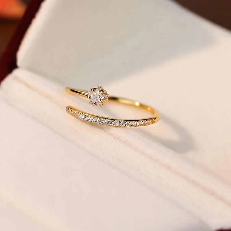 925 Silver Zircon Star Ring Women Fine Jewelry Adjustable Minimalist Accessory