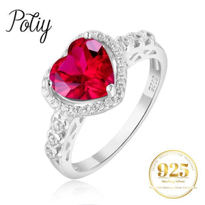 Potiy Heart Love 2.5ct Created Red Ruby 925 Sterling Silver Ring for Women