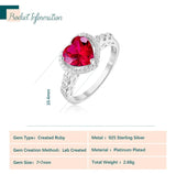 Potiy Heart Love 2.5ct Created Red Ruby 925 Sterling Silver Ring for Women