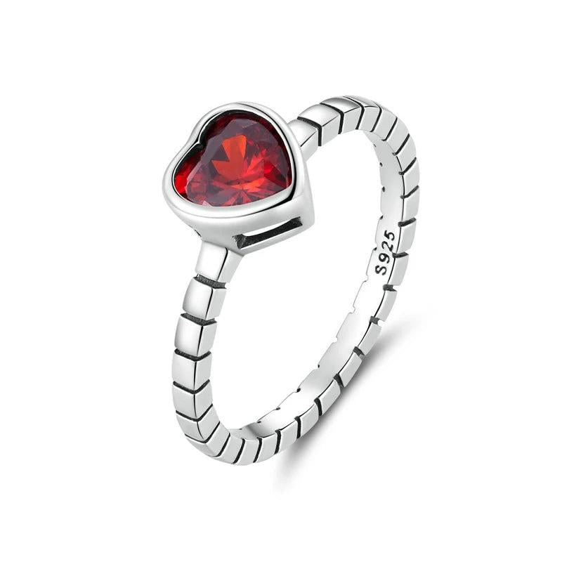 925 Sterling Silver Red Crystal Heart Ring 7MM Retro Punk Jewelry