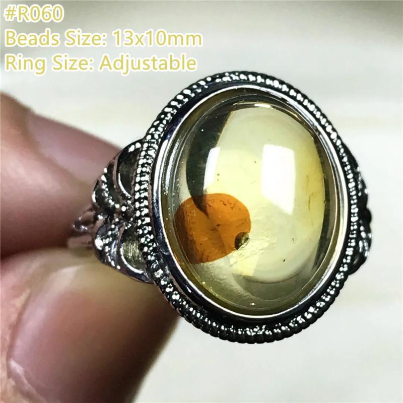 Natural Piebald Amber Ring Reiki Crystal Stone Silver Adjustable Ring