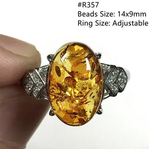 Natural Piebald Amber Ring Reiki Crystal Stone Silver Adjustable Ring