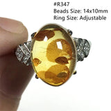 Natural Piebald Amber Ring Reiki Crystal Stone Silver Adjustable Ring