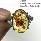 Natural Piebald Amber Ring Reiki Crystal Stone Silver Adjustable Ring