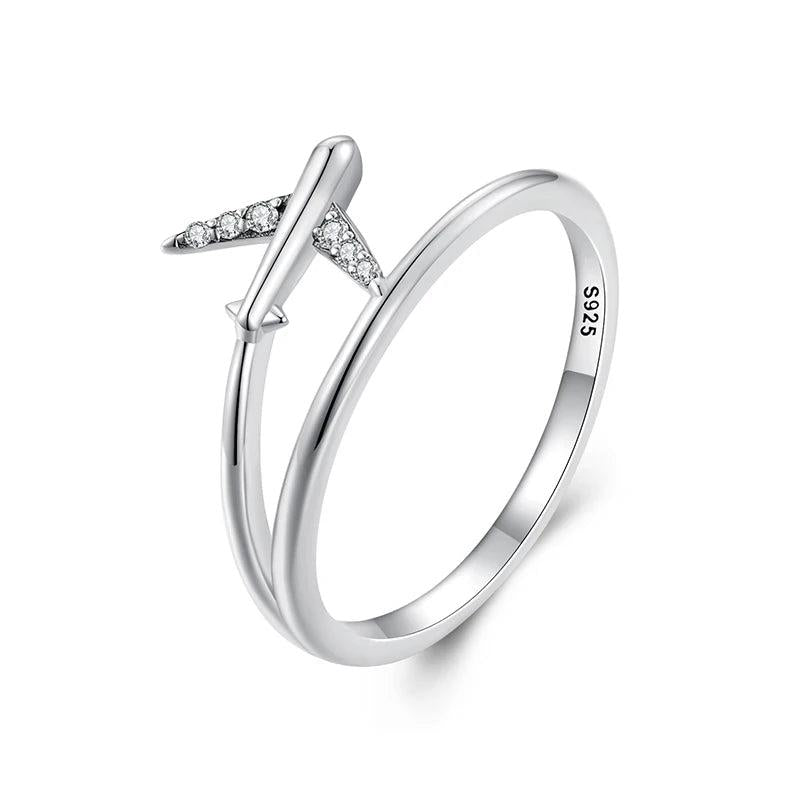 925 Silver Platinum Airplane Double layer Rings Women Zircon Aircraft Ring