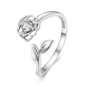 925 Silver Camellia Flower Open Ring Zircon Adjustable Wedding Jewelry