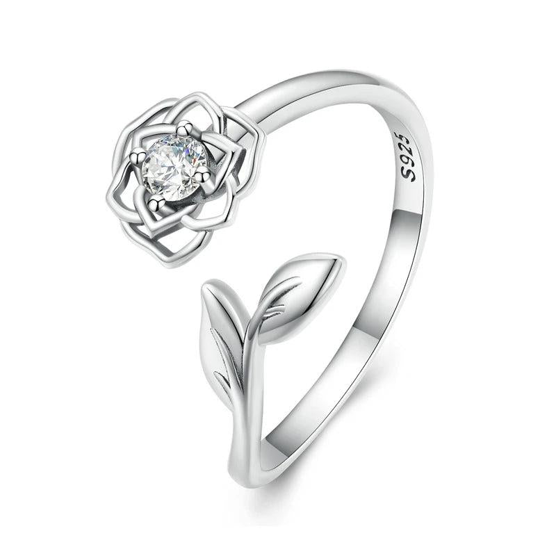 925 Silver Camellia Flower Open Ring Zircon Adjustable Wedding Jewelry
