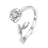 925 Silver Camellia Flower Open Ring Zircon Adjustable Wedding Jewelry
