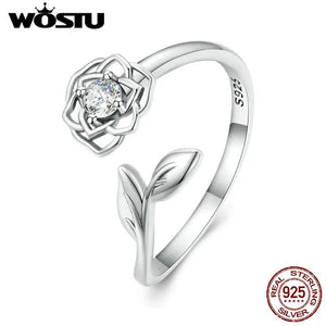 925 Silver Camellia Flower Open Ring Zircon Adjustable Wedding Jewelry