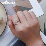 925 Silver Camellia Flower Open Ring Zircon Adjustable Wedding Jewelry