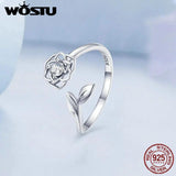 925 Silver Camellia Flower Open Ring Zircon Adjustable Wedding Jewelry