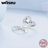 925 Silver Camellia Flower Open Ring Zircon Adjustable Wedding Jewelry
