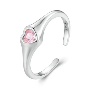 925 Silver Pink Heart Angel Wing Open Ring Adjustable Size