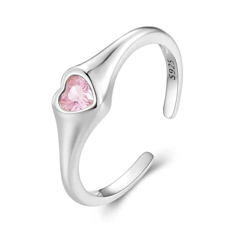 925 Silver Pink Heart Angel Wing Open Ring Adjustable Size