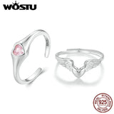 925 Silver Pink Heart Angel Wing Open Ring Adjustable Size