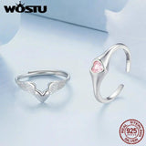 925 Silver Pink Heart Angel Wing Open Ring Adjustable Size
