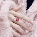 925 Silver Zircon Pink Gemstone Ring for Party Adjustable Reception Jewelry