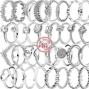 925 Sterling Silver Feather Crown Heart Flower Zircon Fine Rings