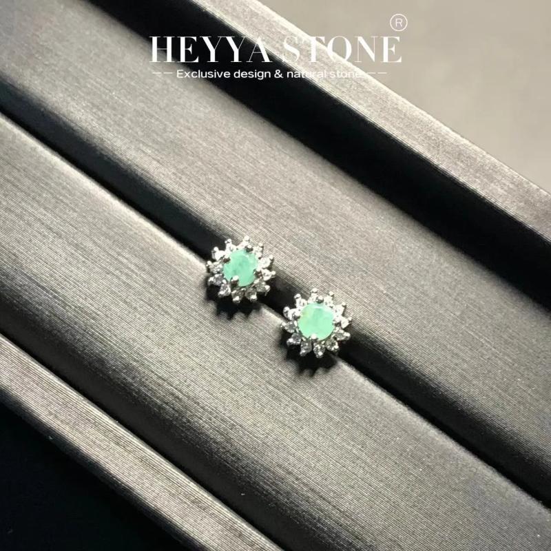 HEYYA STONE Natural Emerald Stud Earrings 925 Silver Fine Jewelry