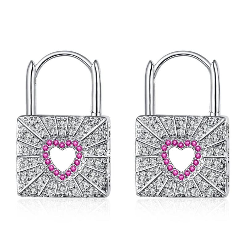 925 Silver Hoop Earrings Diamond Love Heart Lock Peach Heart Earrings