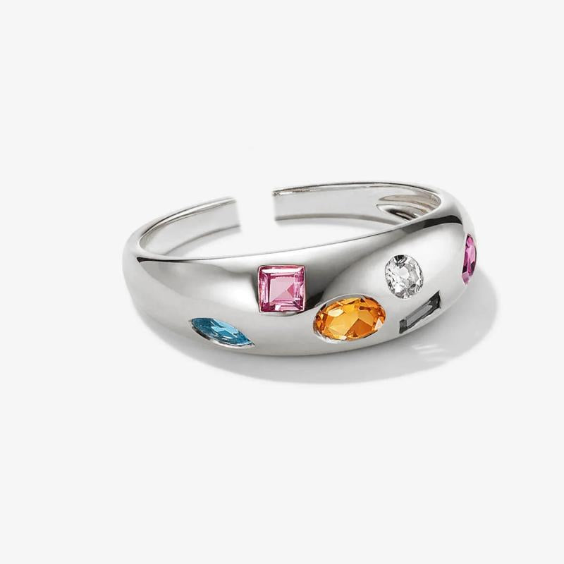925 Silver Rainbow CZ Colorful Resizable Ring Adjustable Women Jewelry