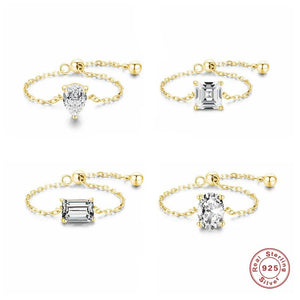 925 Silver Charm Geometric Zircon Finger Ring - Adjustable Chain