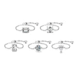 925 Silver Charm Geometric Zircon Finger Ring - Adjustable Chain