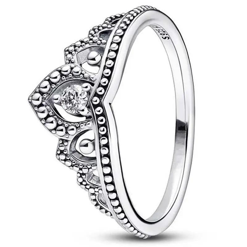 925 Silver Tiara Crown I-D Crystal Ring Women Wedding Party Jewelry