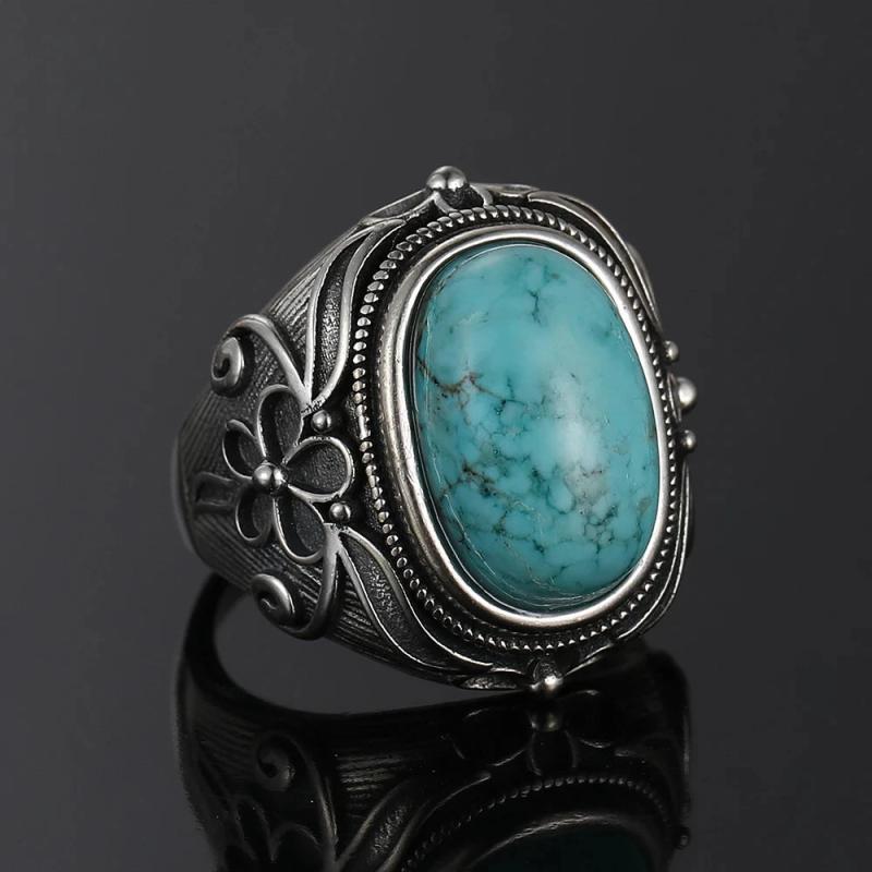 925 Silver Ring Natural Oval Turquoise Retro Large Ring