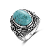 925 Silver Ring Natural Oval Turquoise Retro Large Ring