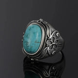 925 Silver Ring Natural Oval Turquoise Retro Large Ring