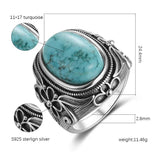 925 Silver Ring Natural Oval Turquoise Retro Large Ring