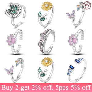 925 Silver Open Ring Colorful Zircon Butterfly Sunflower Animal Plant Series