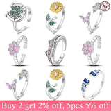 925 Silver Open Ring Colorful Zircon Butterfly Sunflower Animal Plant Series