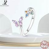 925 Silver Open Ring Colorful Zircon Butterfly Sunflower Animal Plant Series