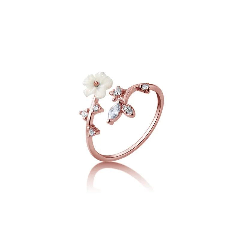 925 Sterling Silver Zircon Shell Flower Adjustable Ring Women Wedding Jewelry