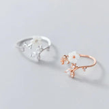 925 Sterling Silver Zircon Shell Flower Adjustable Ring Women Wedding Jewelry
