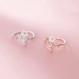 925 Sterling Silver Zircon Shell Flower Adjustable Ring Women Wedding Jewelry