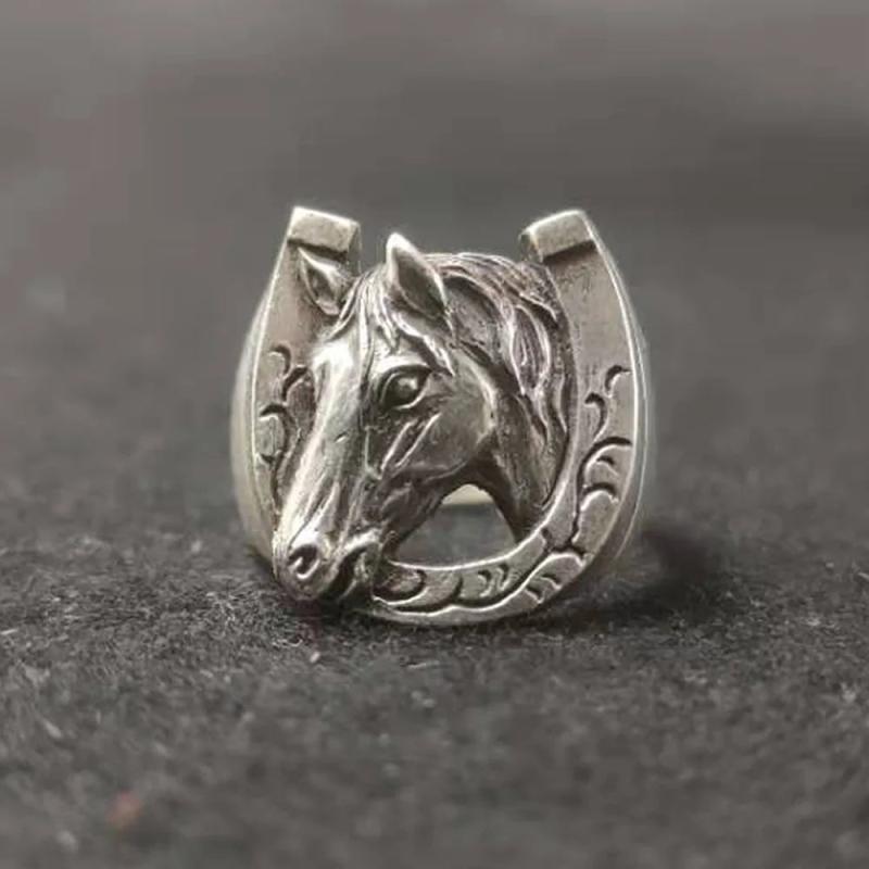 925 Thai Silver Horse Head Ring Men's Adjustable Jewelry Accessories