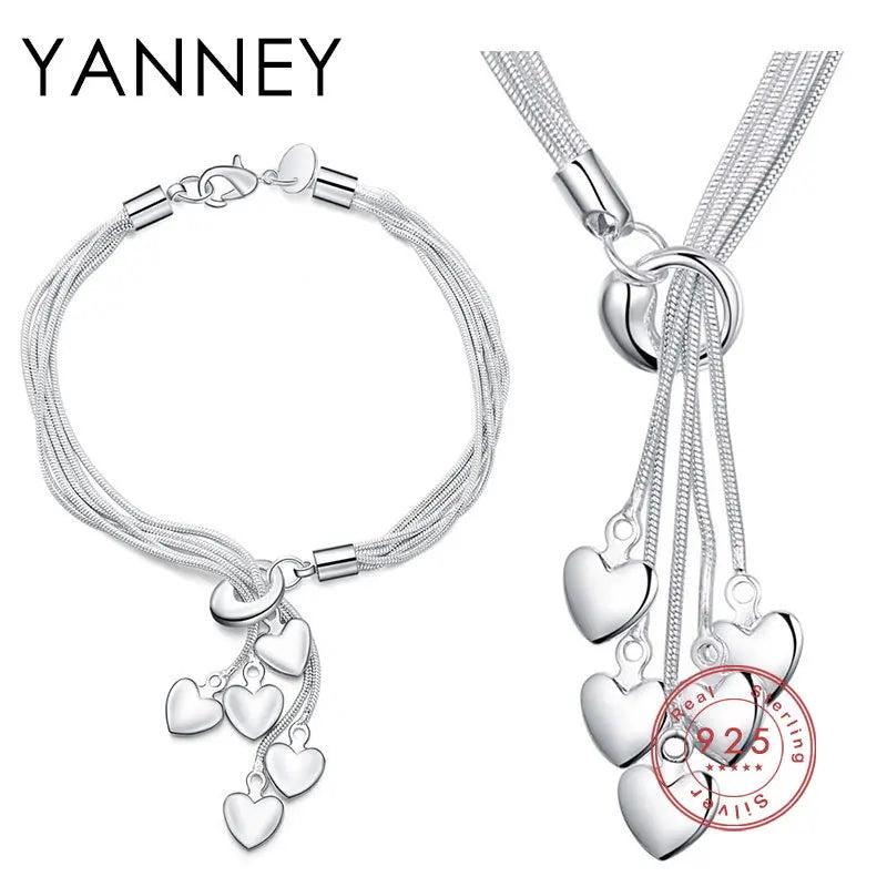 YANNEY 925 Silver Sweet Heart Bracelet Necklace Set Women Charm Wedding Jewelry