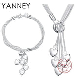YANNEY 925 Silver Sweet Heart Bracelet Necklace Set Women Charm Wedding Jewelry