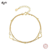 925 Silver Double Layer Chain Bracelets with Hollow Heart Charms
