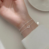 925 Silver Double Layer Chain Bracelets with Hollow Heart Charms