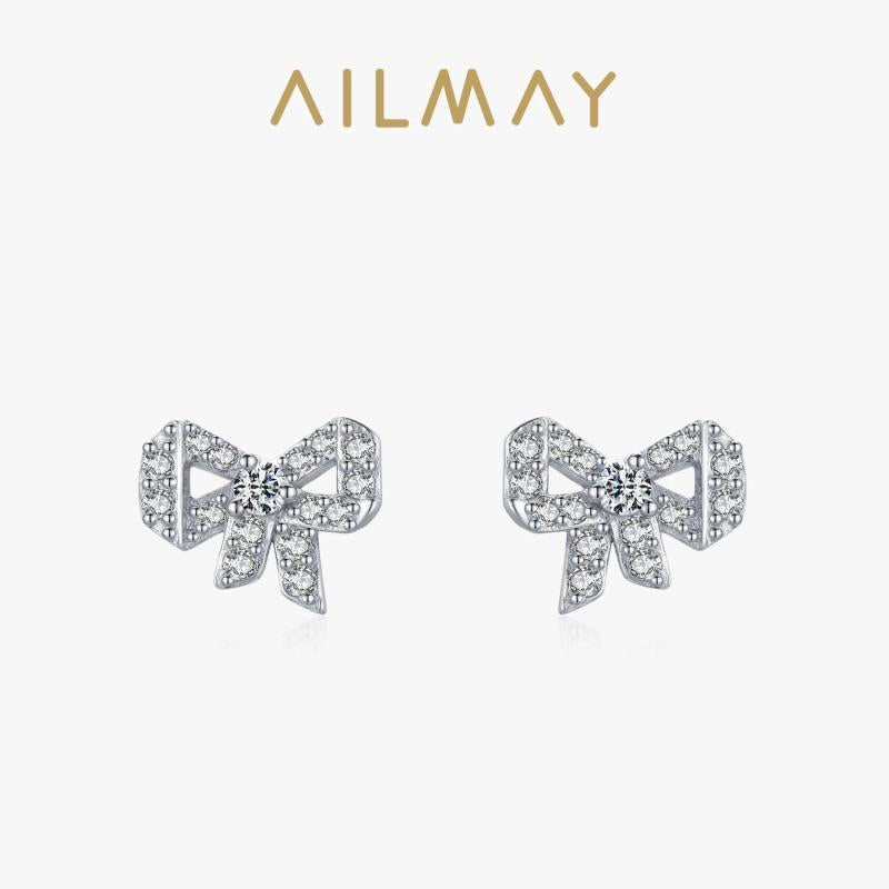 925 Silver Zircon Bowknot Stud Earrings, Fine Jewelry Party Gift