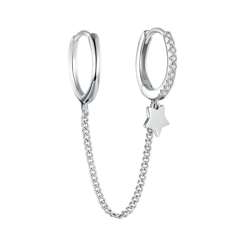 925 Silver Double Circle Hoop Long Chain Earrings Women Jewelry