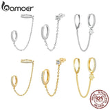 925 Silver Double Circle Hoop Long Chain Earrings Women Jewelry