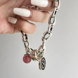 925 Silver Chain Pink Geometric Beads Adjustable Bracelet
